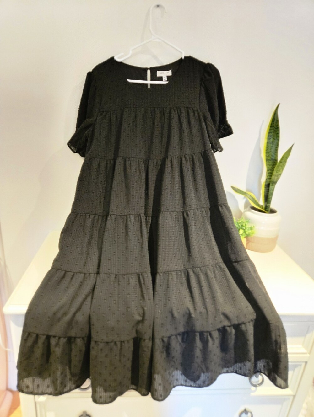 Lena & Lou Black Tiered Dot-Texture Midi Dress, Exclusive Boutique Design